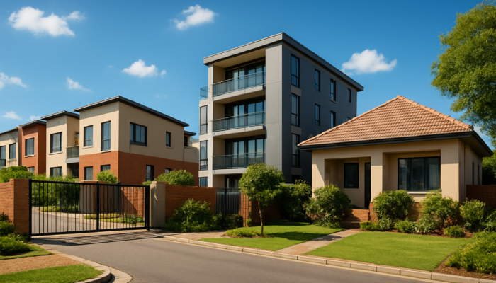 Vibrant South African neighborhood with modern townhouses, urban flats, and duplexes under sunny sky.